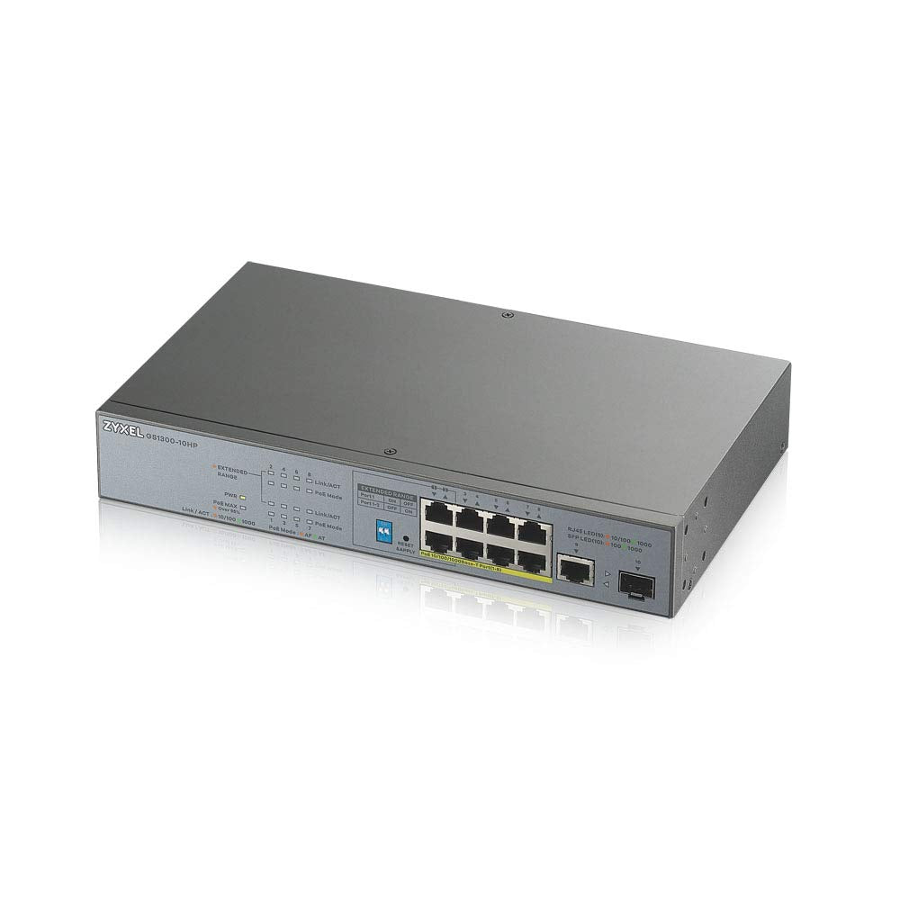 Zyxel 8-port Gigabit Unmanaged PoE+ Switch with 130 Watt Budget and 1 Gigabit Copper Port + 1 SFP, Long Range PoE Switch [GS1300-10HP]