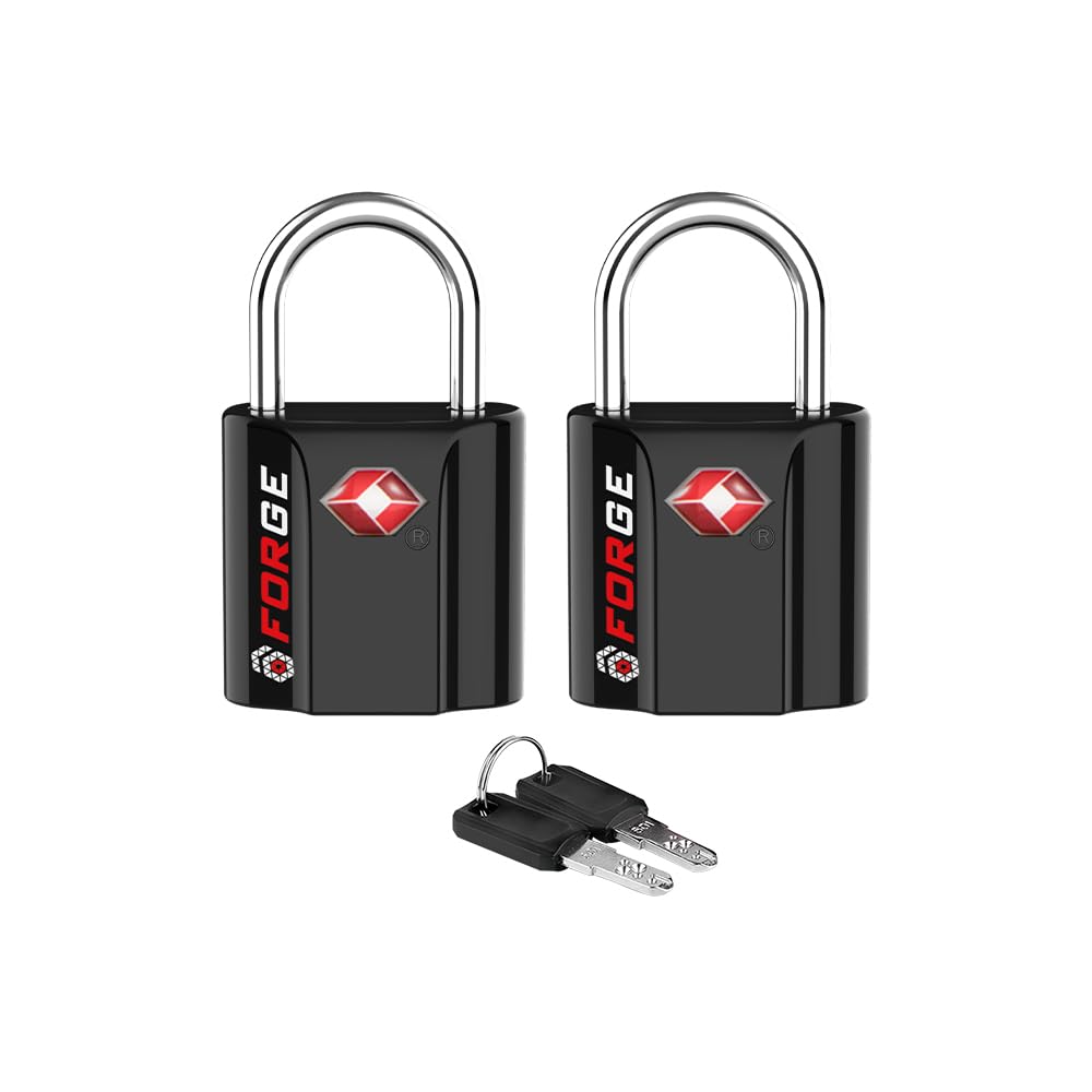 Forge TSA Approved Luggage Locks – 2 Pack Ultra Secure Dimple Key Locks, 1" Wide x 1.8" Tall Alloy Body Travel Padlocks (Black)