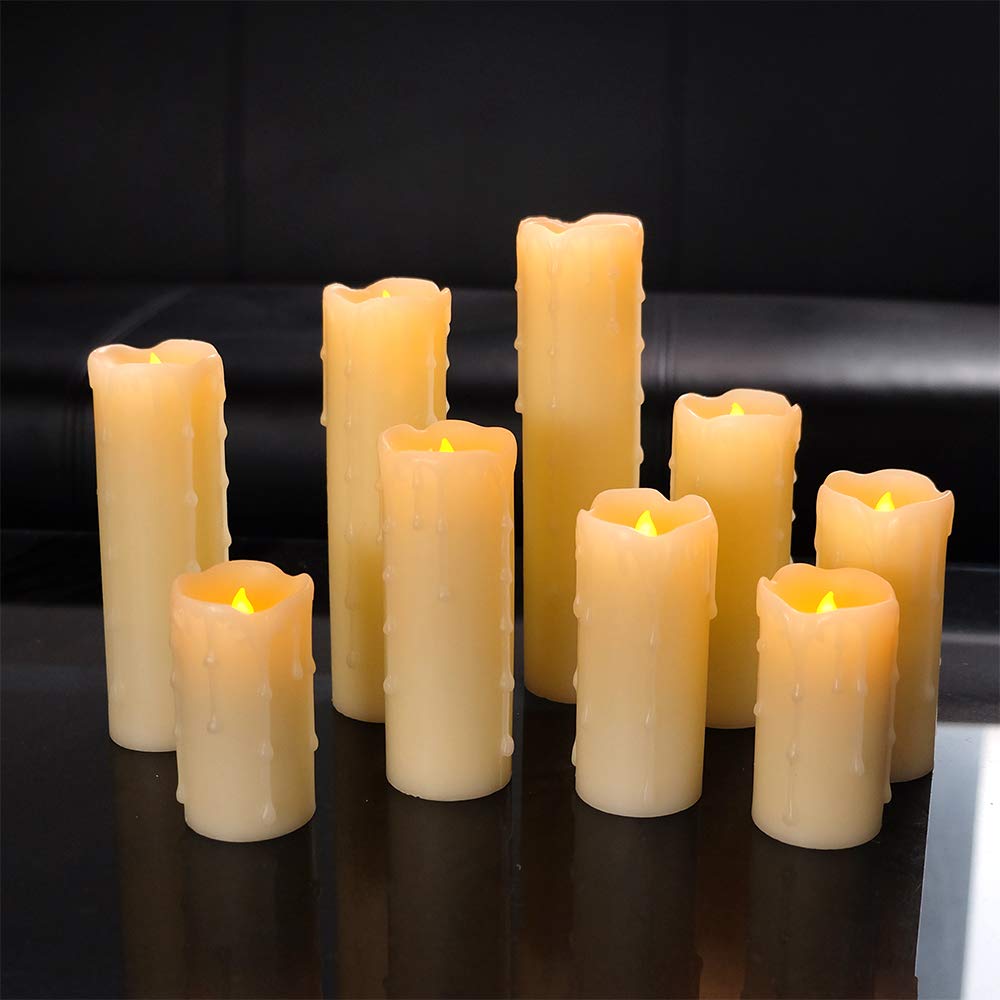 DRomance Flameless Flickering Candles Battery Operated with Remote and Timer, Set of 9 Dripping Real Wax Warm Light LED Pillar Candles for Holiday