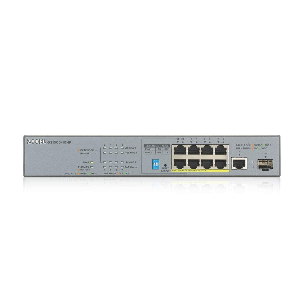 Zyxel 8-port Gigabit Unmanaged PoE+ Switch with 130 Watt Budget and 1 Gigabit Copper Port + 1 SFP, Long Range PoE Switch [GS1300-10HP]