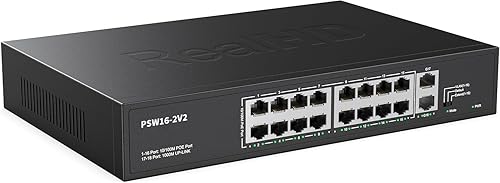 Real HD 16 Port PoE Switch, High Power 300W, 16 PoE+ 100Mbps Ports with 2 Gigabit Uplink Ethernet Ports, Unmanaged Plug and Play, Each Port Up to 30W
