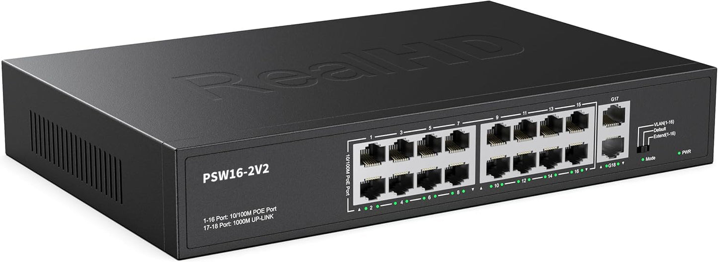 Real HD 16 Port PoE Switch, High Power 300W, 16 PoE+ 100Mbps Ports with 2 Gigabit Uplink Ethernet Ports, Unmanaged Plug and Play, Each Port Up to 30W