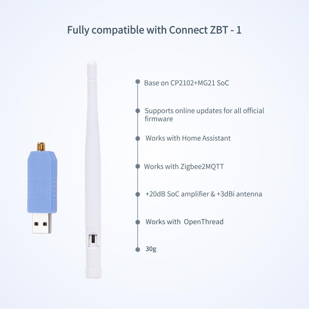 Smaller Size Zigbee 3.0 USB Dongle Gateway, Work with Home Assistant Zigbee2MQTT, EFR32MG21 Universal USB Gateway with Antenna, Wireless Zigbee