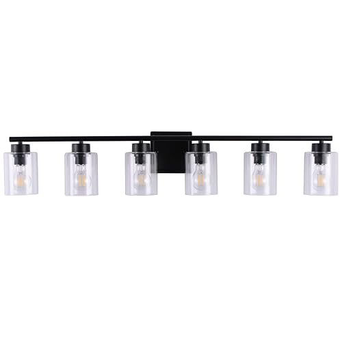 CONUCK 6 Light Bathroom Light Fixtures, 40 Inches Bathroom Lighting Fixtures Over Mirror, Black Vanity Light with Clear Glass Shades