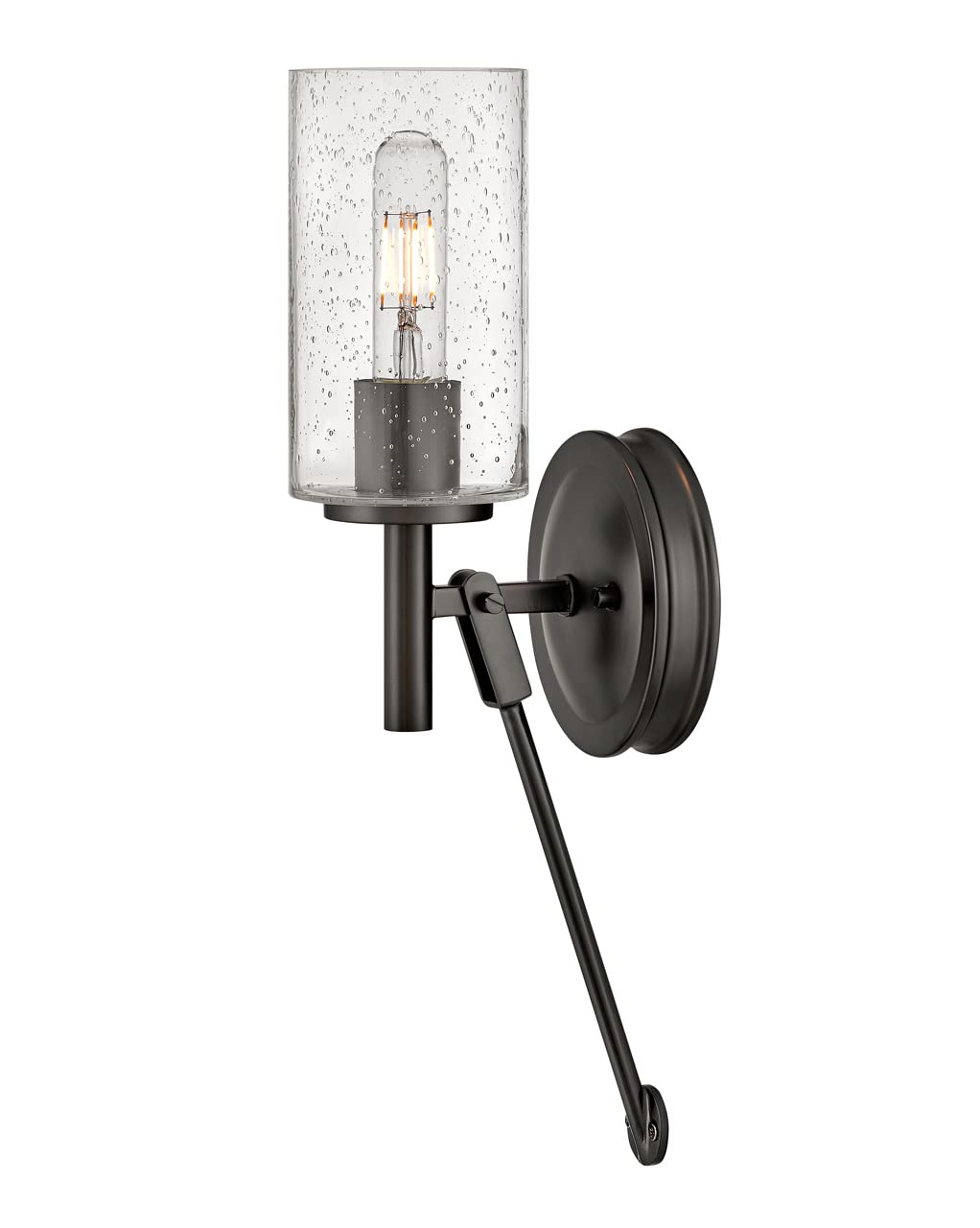 Hinkley Collier 3380BX Single Light Sconce, Decorative Cast Knob, Hinges, and Stem, Cylindrical Clear Seedy Glass Shade, Black Oxide