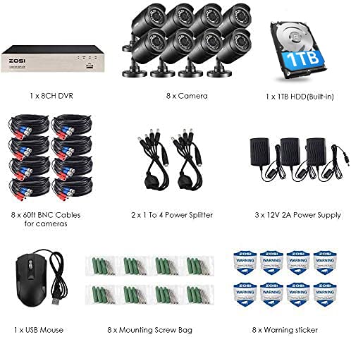 ZOSI 8CH 4-in-1 HD-TVI 1080N/720P Video Security System DVR Recorder with 8X 1280TVL Indoor/Outdoor Weatherproof CCTV Cameras 1TB Hard Drive