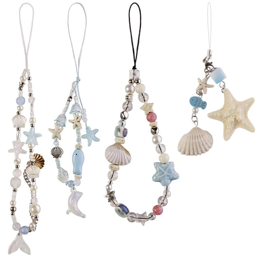 4PCS Phone Charm Wrist Straps Camera Pearl Shell Ocean Lanyard Chain Beaded Cute Blue Bracelet Strap Keychain for Women Phone Bag Camera Decoration