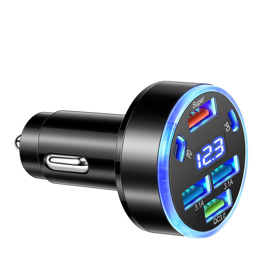 Super Fast Charging 150W 6-Port USB C Car Charger Adapter with Voltmeter, 2PD +2USB 3.1A + QC3.0 &Super Multi Port Cigarette Lighter USB Charger