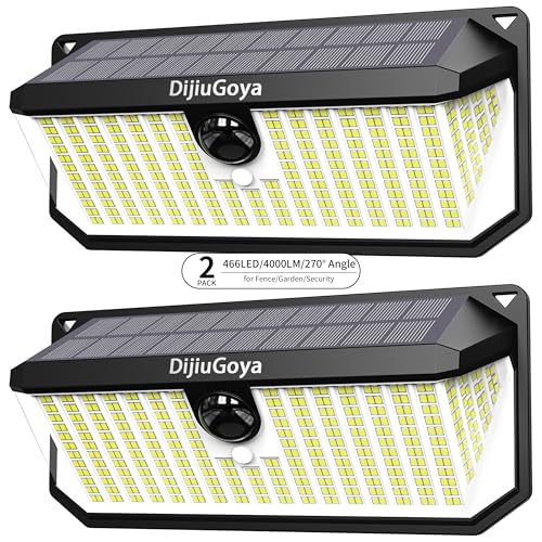 DijiuGoya Solar Security Lights Outdoor, 466 LED 4000Lm Ultra Bright, 270° Wide Motion Sensor, IP68 Waterproof, 3 Modes Dusk-to-Dawn Solar Flood Light