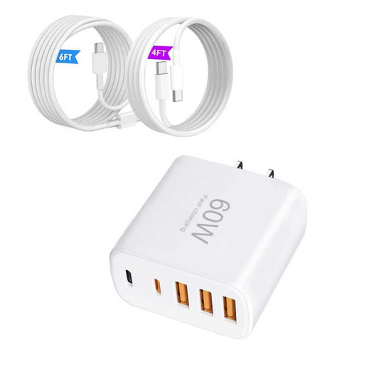 USB C Wall Charger Block, 60W 5-Port Fast Charging Adapter with 4FT & 6FT Cable,3 USB A & 2 USB C Multiport Wall Plug Power Brick Box for i Phone