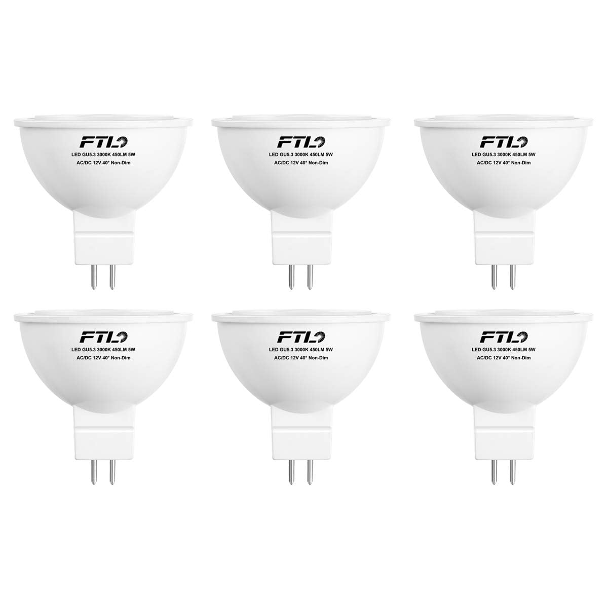 FTL MR16 LED 12V Low Voltage GU5.3 Bipin 50W Halogen Equivalent Bulb 3000K Warm White 5W 40 Degree Non Dimmable Spot Light for Track and Outdoor