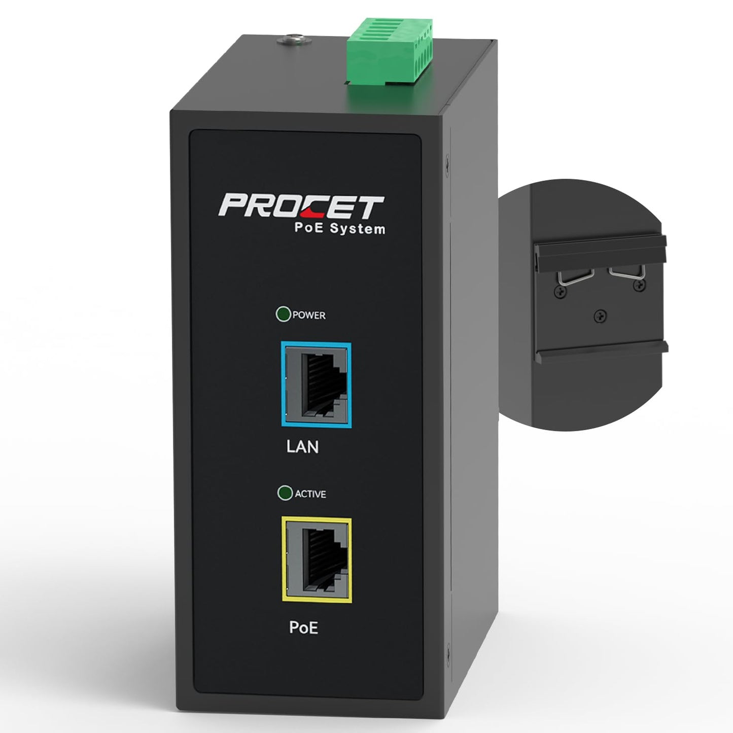 PROCET 10 Gbps Gigabit PoE++ Injector Din Rail, 60W Industrial Adapter with Wide Temp -40°F to 149°F, 6KV Surge Protection, AC/DC Input