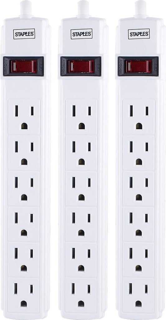 Staples 6?Outlet Power Strip - 6 ft. Extension Cord for Home, Office & Dorm Room Use, White, 3?Pack