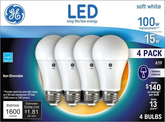 GE Lighting 29923 Soft White 100 W Equivalent LED Non-Dimmable A19 Light Bulbs 4-Pack