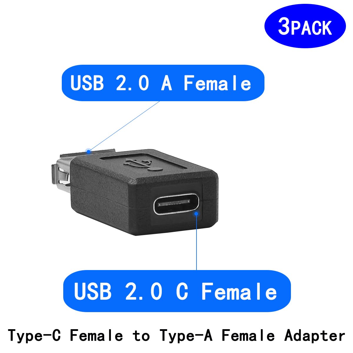rgzhihuifz USB 2.0 C Female to Type-A Female Adapter, USB 2.0 Converter, 3-Pack, Black, 17x10mm