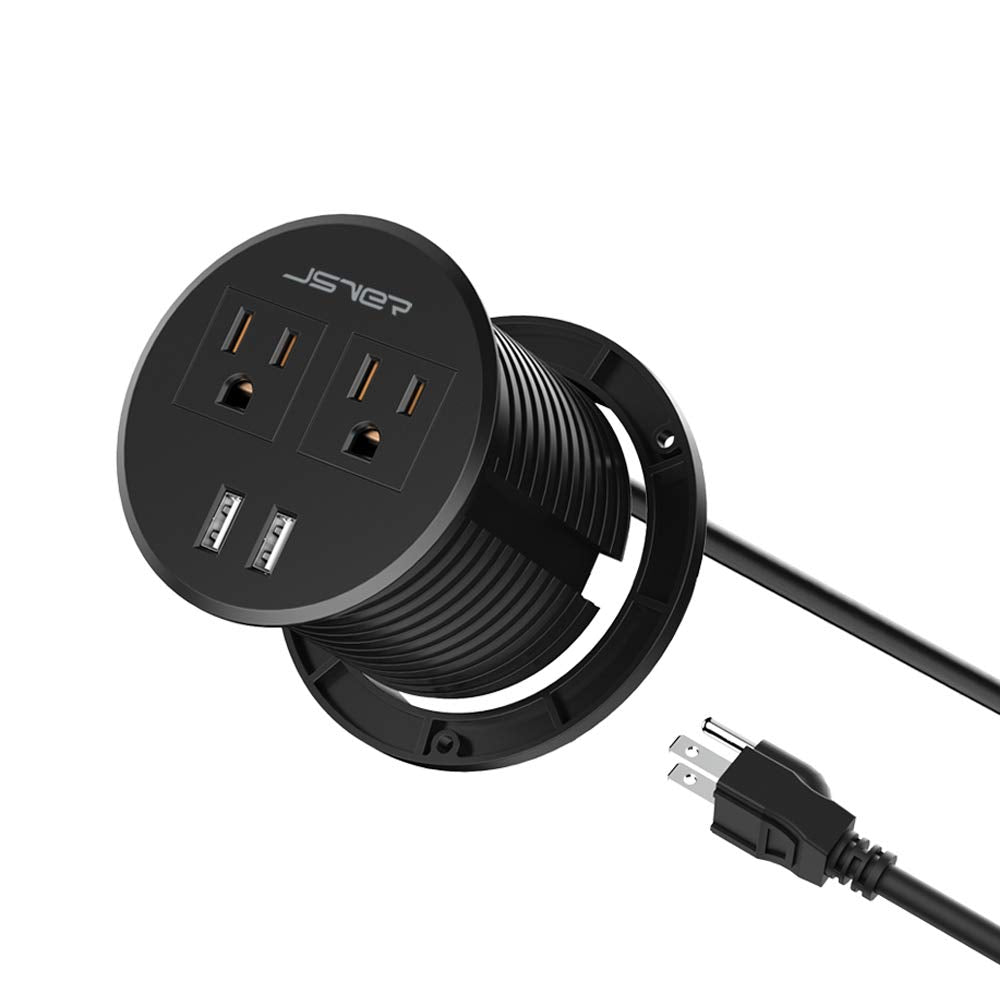 Desktop Power Grommet JSVER Mini Desktop Power Strip Hide Recessed Power Grommet Socket with 2 AC Outlets and 2 USB Charging Ports,Cable for a 3-1/8
