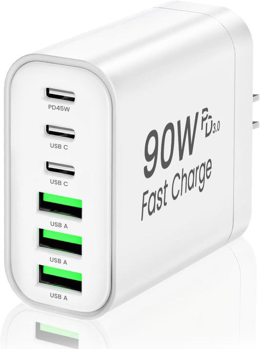 90W GaN USB C Charger Block,6-Port USB C Wall Charger Fast Charging 45W PD Power Adapter for iPhone 17Pro Max/Samsung Galaxy S24 Ultra/Tabs/MacBook