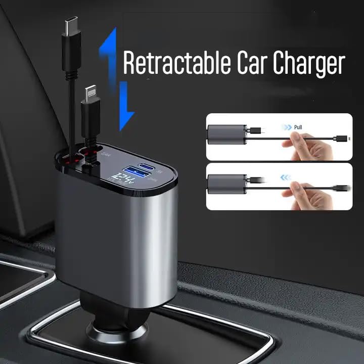 Retractable Phone Charger - Fast Car Charger USB C 4 in 1 for Apple and Android - Car Gadgets, Must Haves, PT-16