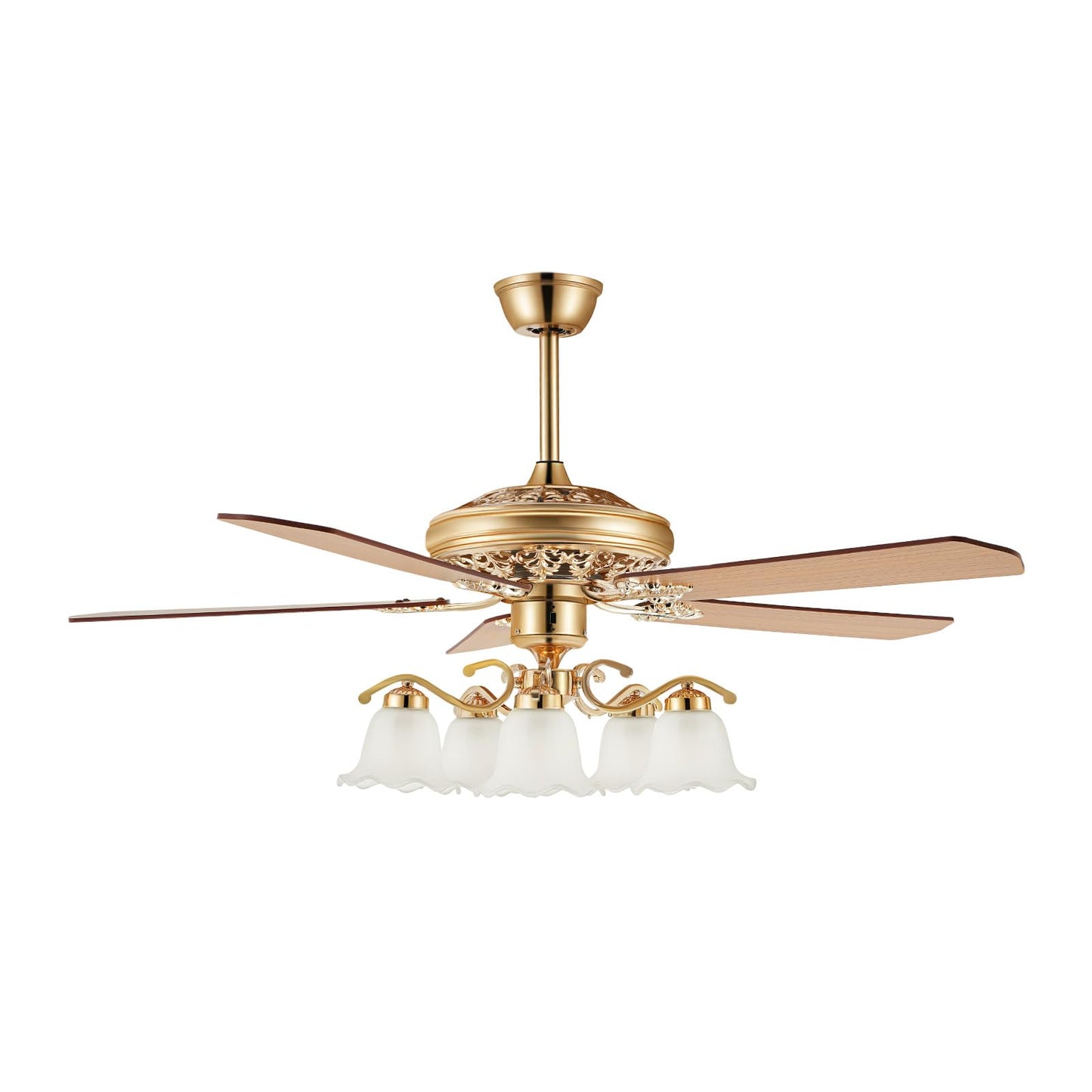 Flhonudi 52inch Golden Ceiling Fan with Light Glass Shade Modern Fan Wooden Blades Chandelier Fan Reversible Slient Motor 3 Speed Adjustable w/Remote