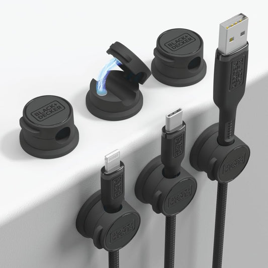 BLACK+DECKER Magnetic Cord Organizer Holder, 6 Pack Magnetic Cable Clips, Under Desk Cable Management, Strong Adhesive Cord Holder for Nightstand