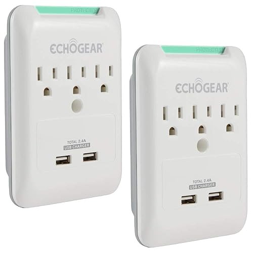 ECHOGEAR Outlet Extender Multiplug 2 Pack with 3 AC Outlets & 2 USB Ports - Low Profile Design Sits Just 1.1" from Wall - Protects Your Gear with 540