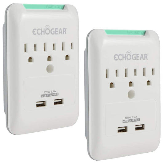 ECHOGEAR Outlet Extender Multiplug 2 Pack with 3 AC Outlets & 2 USB Ports - Low Profile Design Sits Just 1.1" from Wall - Protects Your Gear with 540