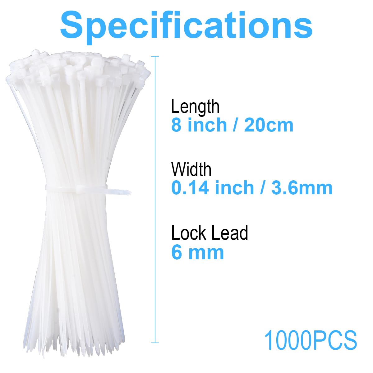 White Zip Ties 8 Inch 1000 Pack, 40 lbs Nylon Cable Ties, Self Locking UV Resistant Wire Ties for Wreath Crafts, DIY, Decor, Indoor Outdoor, Home
