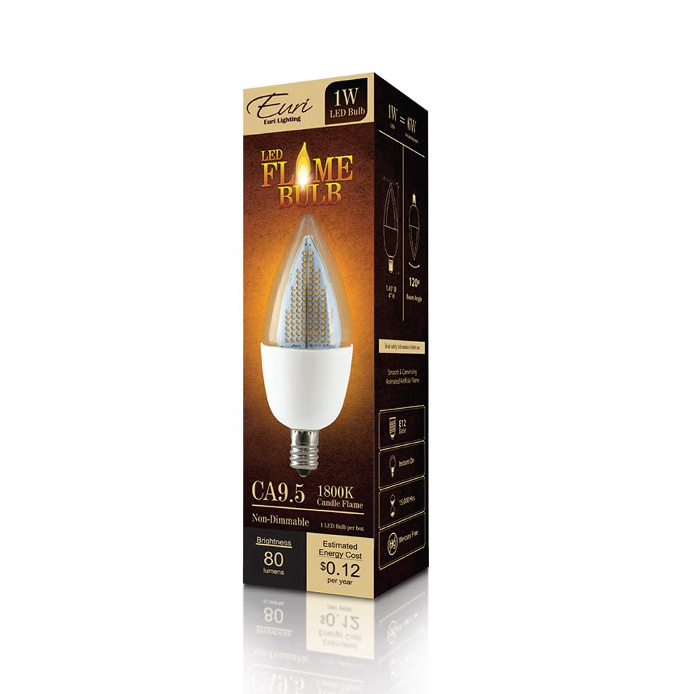 Euri Lighting Flickering Flame Bulb, ECA9.5-2120fc, LED CA9.5 Candelabra, E12, 1W (6W Equal), Warm White 1800K, Non-Dim, 80lm, 120° Angle, White