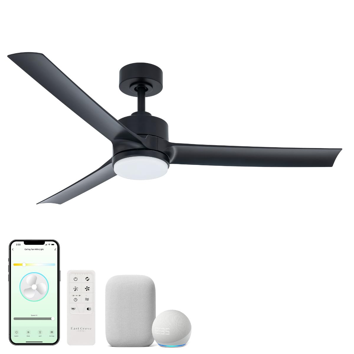 East Grove Home Cyclone 52in 3-Blade Smart Indoor or Outdoor Ceiling Fan 2700K-6000K CCT Tunable Range LED Light Kit in Matte Black Works With iOS or