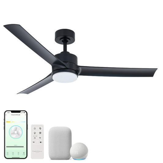 East Grove Home Cyclone 52in 3-Blade Smart Indoor or Outdoor Ceiling Fan 2700K-6000K CCT Tunable Range LED Light Kit in Matte Black Works With iOS or