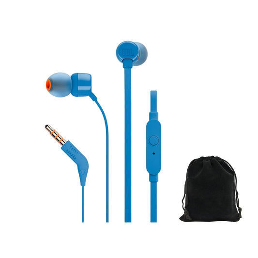 JBL Tune T160, in-Ear Headphones, Pure Bass Sound, 1-Button Remote with Microphone, Tangle-Free Flat Cable, Blue, Includes Carrying Pouch…