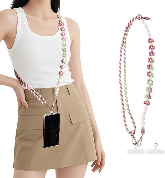 Huacuesy Bohemian Style Phone Lanyard Crossbody - Adjustable Length Handwoven Gradient Flower Phone Strap Crossbody(Cherry blossom)