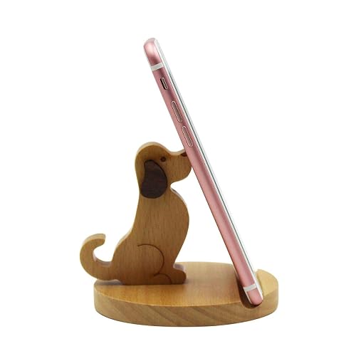 Amamcy Cute Dog Cellphone Holder Stand Wooden Smartphone Desk Holder for All Mobile Phones Animal Phone Stand Desk Ornament
