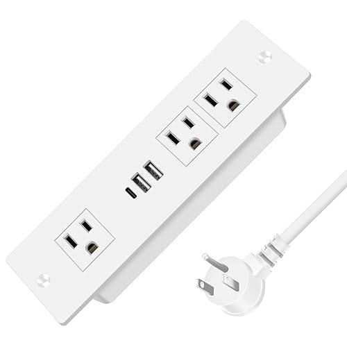 HEZI Recessed Power Strip, Furniture Drawer Outlet with 20W PD USB-C & 18W QC3.0 USB-A, Plug in 3 Outlets & USB Ports, Flush Mount 6FT White Extension