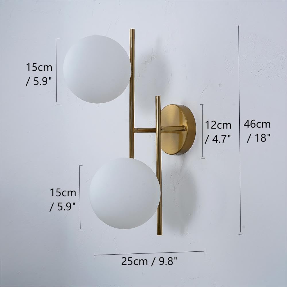 LZPZRUI Modern Gold Wall Sconce with 2 Frosted Glass Globe Shades, Mid-Century Style, 18" x 9.8