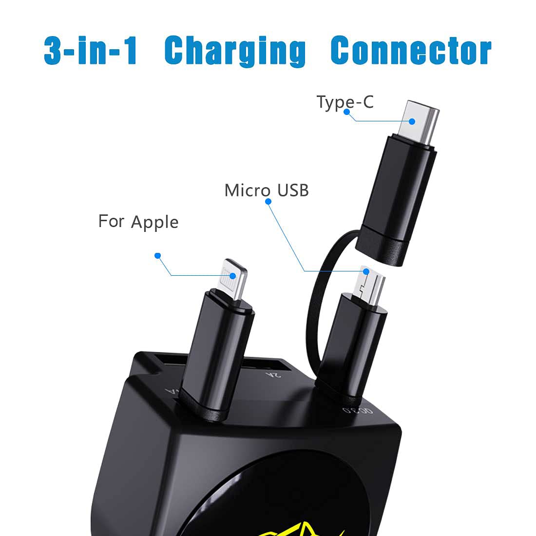 Retractable Car Charger, Fast Charge 3.1A 47W, Retractable Cables (3Ft) and 2 USB Ports Car Charger Adapter, Compatible with iPhone & Android Cell