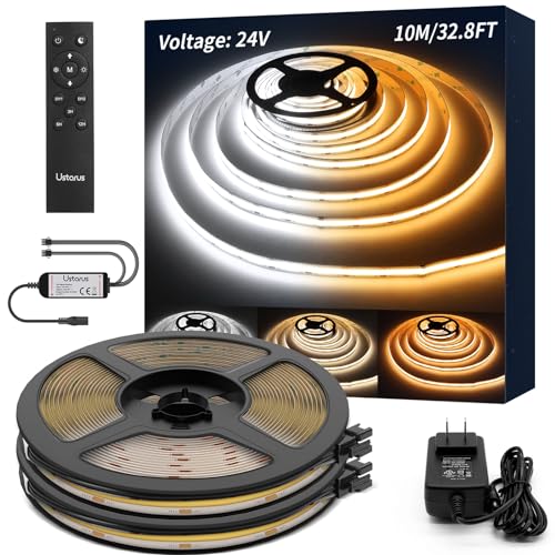 Ustarus COB LED Strip Lights White 32.8ft, Dimmable Tunable White 2700K-6500K, No Spot Continuous LED Light Strip, CRI93+, RF Remote, Flexible LED