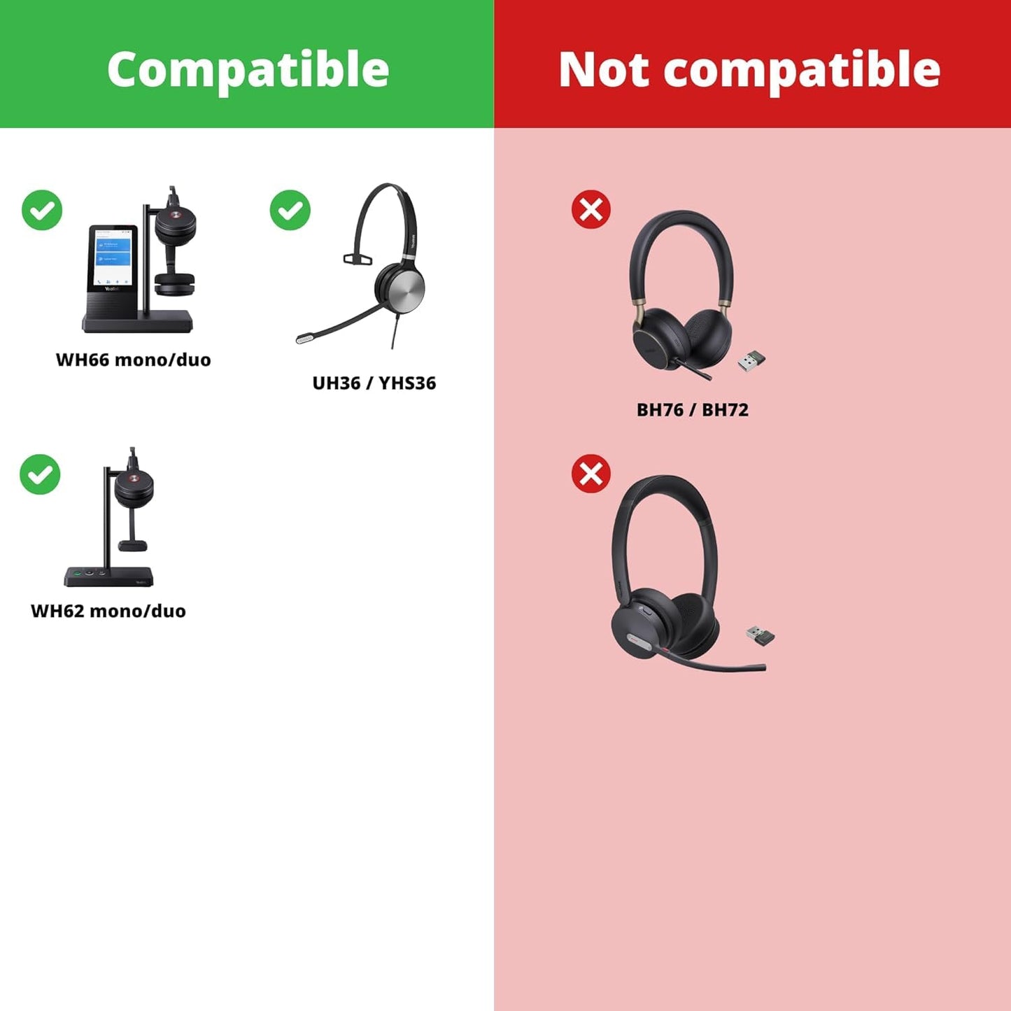 Updated Earpad Cushion for Yealink WH62, WH66, UH36 and YHS36, 1 Pack with Headset Advisor Wipe