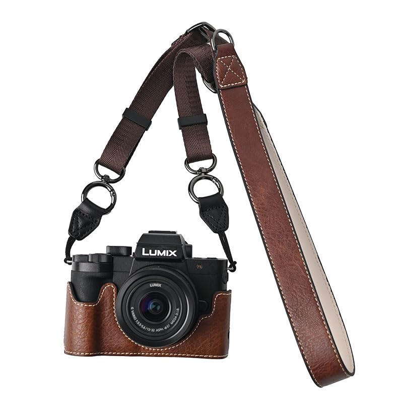 G100K Case, BMAOLLONGB Handmade PU Leather Half Camera Case Bag Cover Bottom Opening Version for Panasonic Lumix G100K with Neck Strap (Coffee)