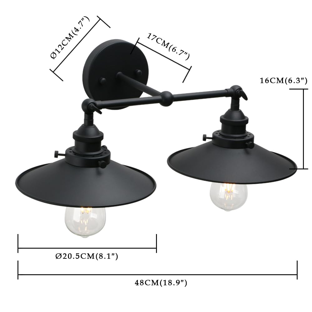 Phansthy Vintage Industrial Farmhouse Wall Sconces, Matte Black 2-Light Kitchen Wall Lighting, Bathroom Vanity Light Fixtures with 8.5 Inches Cone