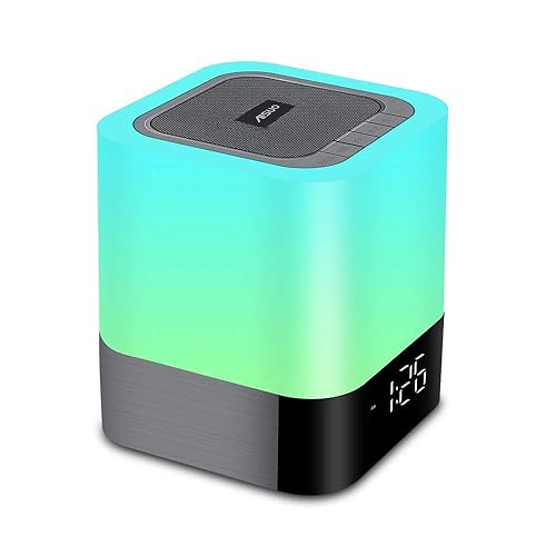 Aisuo Night Light-5 in 1 Bedside Lamp with Bluetooth Speaker, 12/24H Digital Calendar Alarm Clock, Touch Control, Support TF and SD Card, Music