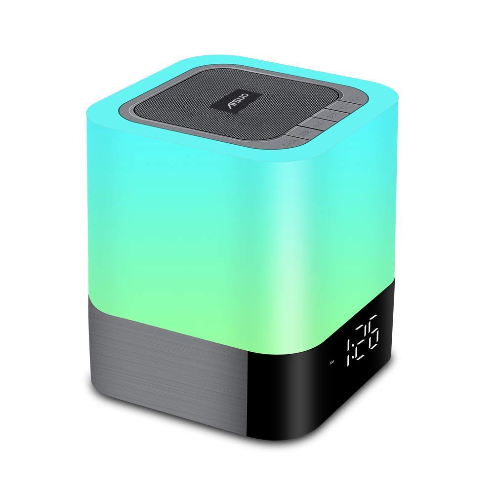 Aisuo Night Light-5 in 1 Bedside Lamp with Bluetooth Speaker, 12/24H Digital Calendar Alarm Clock, Touch Control, Support TF and SD Card, Music