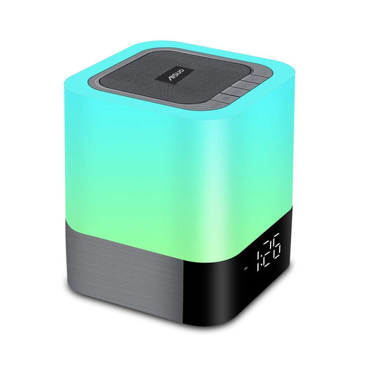 Aisuo Night Light-5 in 1 Bedside Lamp with Bluetooth Speaker, 12/24H Digital Calendar Alarm Clock, Touch Control, Support TF and SD Card, Music