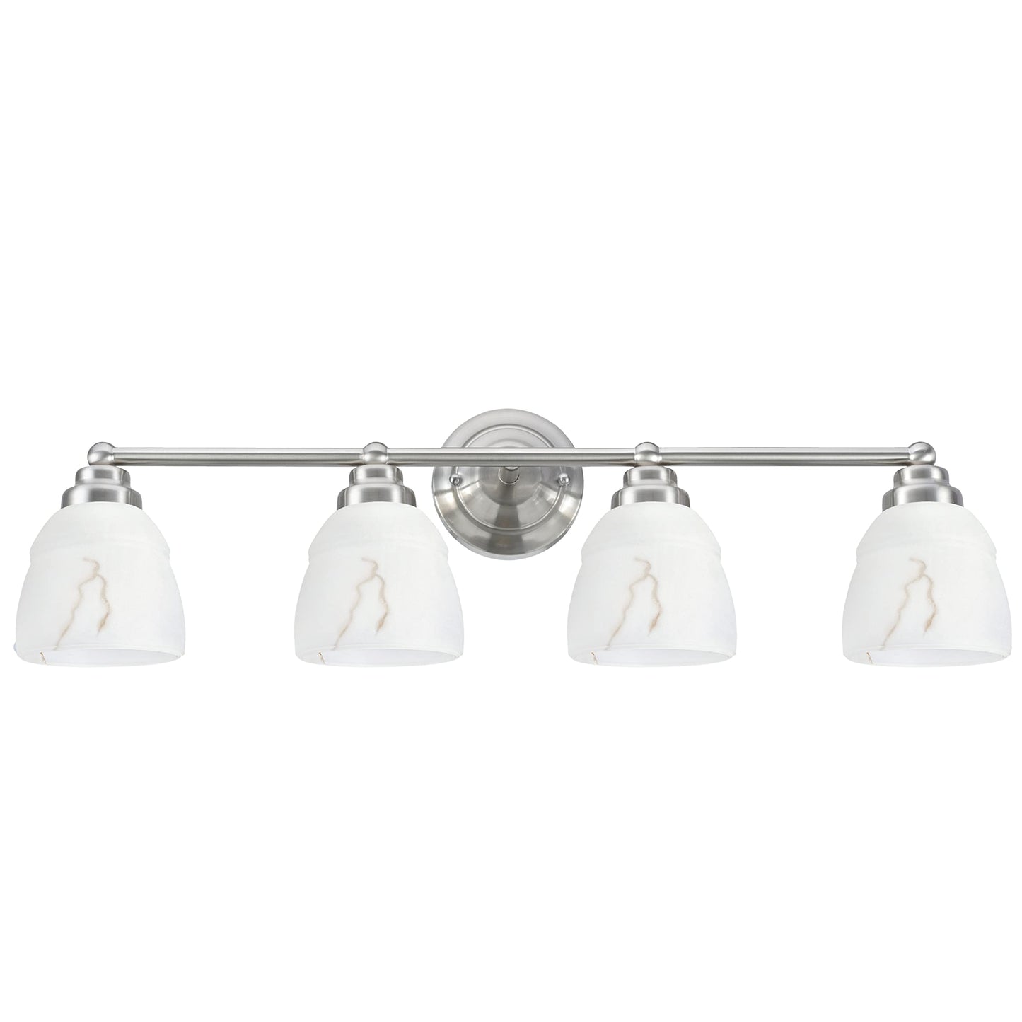Aspen Creative Satin Nickel 62193-1, Four Metal Bathroom Vanity Wall Light Fixture, 4 3/4" Wide, Transitional Design Faux Alabaster Glass Shade