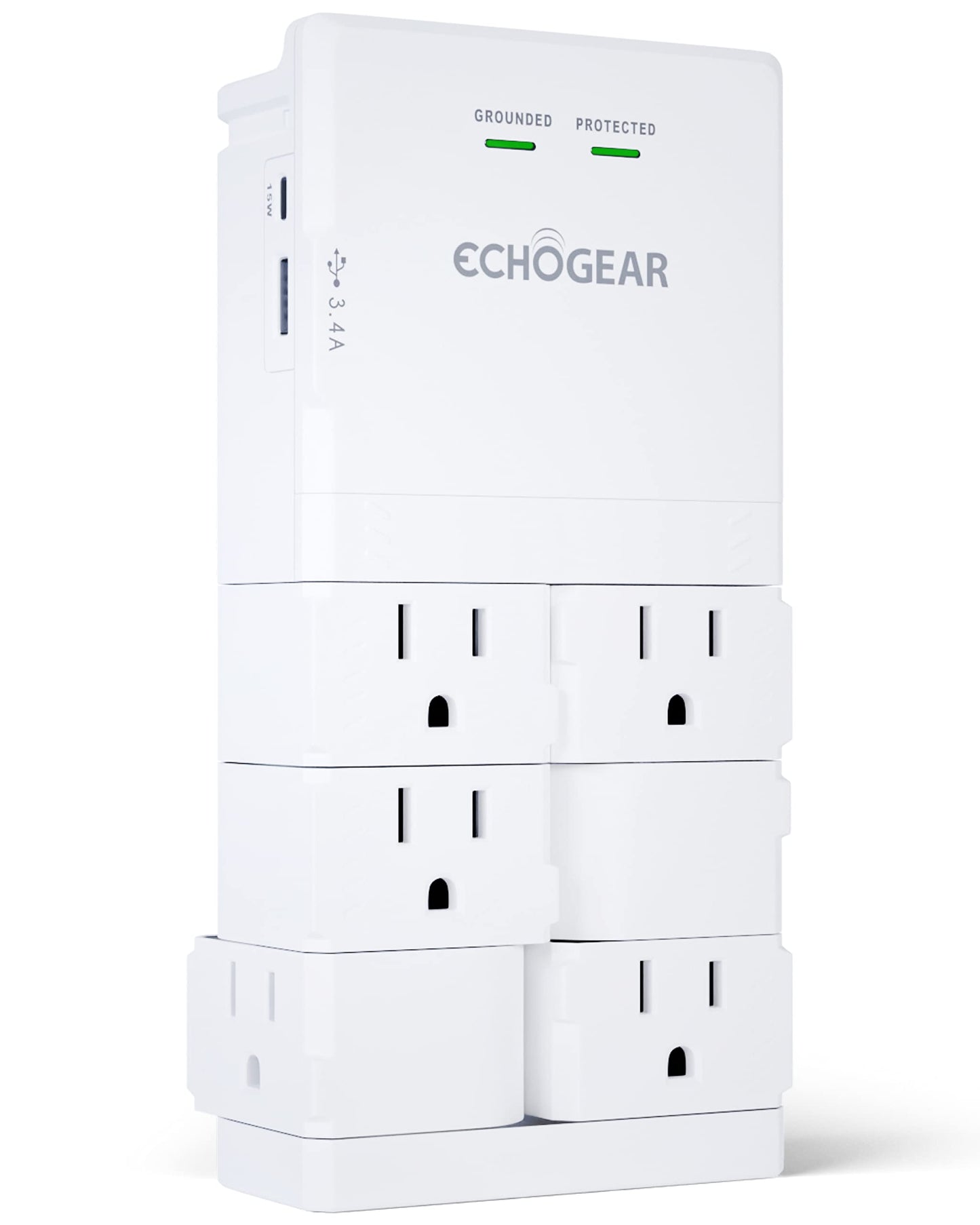 ECHOGEAR Wall Outlet with USB Ports & Surge Protection - Power Protect 8 Devices 6 Rotating AC Plugs 2 Includes 1x USB-C Port USB-A White