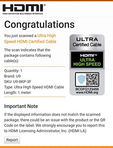 U9 8K Certified Ultra High Speed HDMI Cable 2.1 48Gbps 8K60Hz 4K120Hz eARC ARC HDR ALLM VRR QFT QMS | 1m / 3.3 feet | U9-8KP-3F