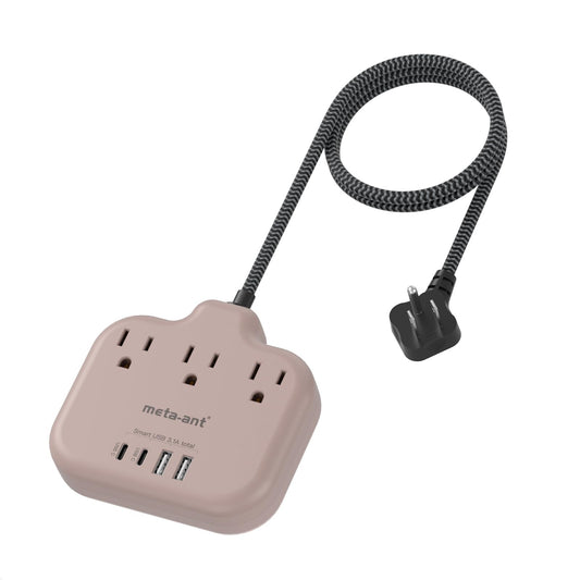 Brown Extension Cord with USB C - 5 FT Flat Braided Extension Cord with 3 Outlets & 4 USB Ports (2 USB-C), 1625W Tan Cord for Brown Tan Wood Walnut