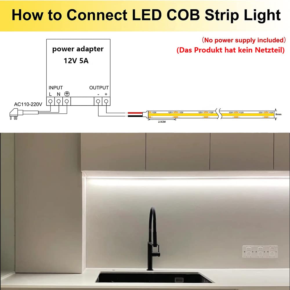 YUNBO 12V COB LED Strip 6000K Bright White 16.4ft CRI>90 Self Adhesive LED Tape Light 480LEDs/M Uniform Dotless High Density IP20 Indoor Use Cuttable