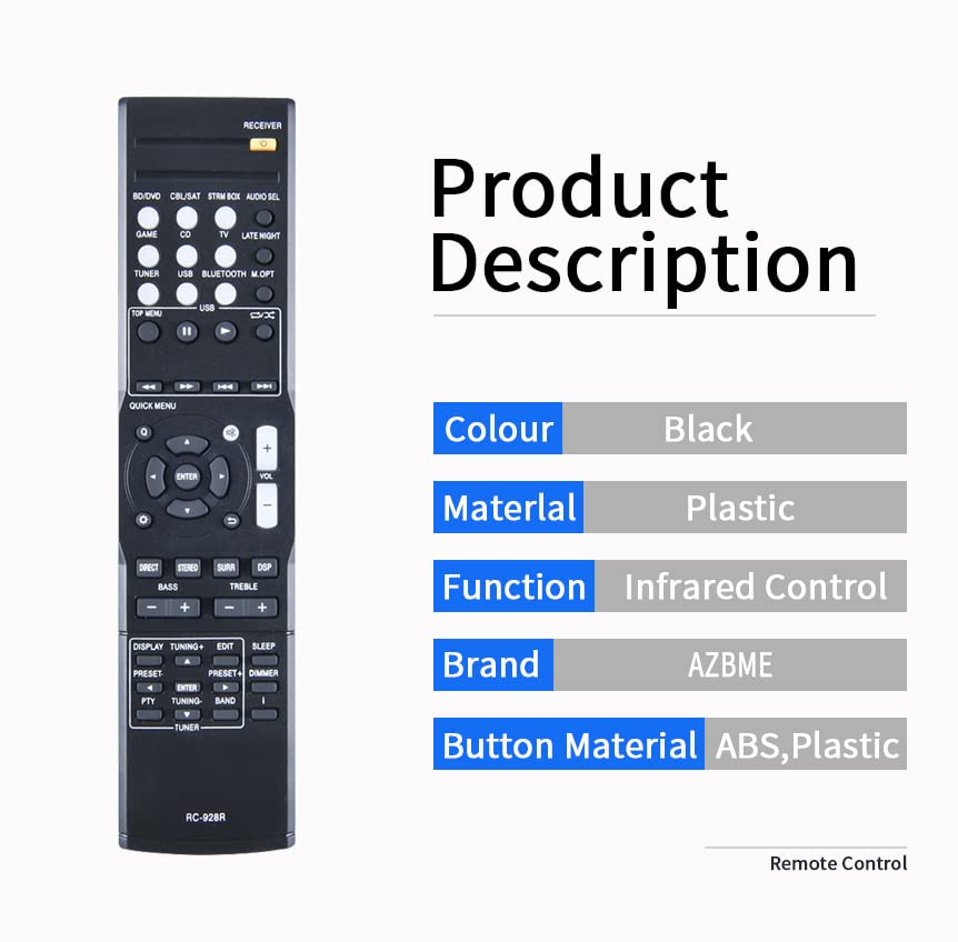 RC-928R Replacement Remote Control for Onkyo AV Receiver HTP-395 HT-R395 HT-R397 HT-S3800 HT-S3900 TX-SR252 TX-SR353 TX-SR373 TX-SR383