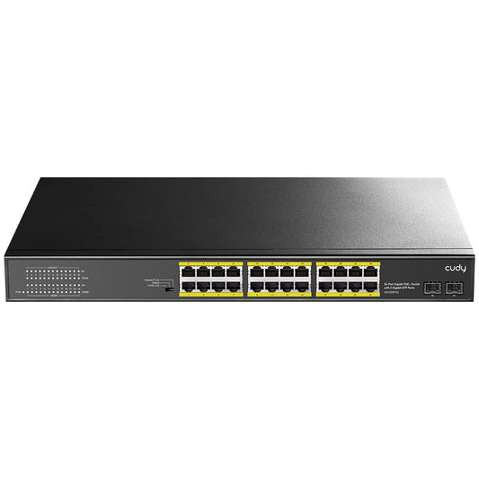 Cudy 24 Gigabit Ethernet Unmanaged PoE+ Switch, 300W, 24 * 100/1000Mbps PoE+ Ports, 2 Gigabit SFP, CCTV / VLAN Mode, 19-inch Rackmount, 802.3af/at